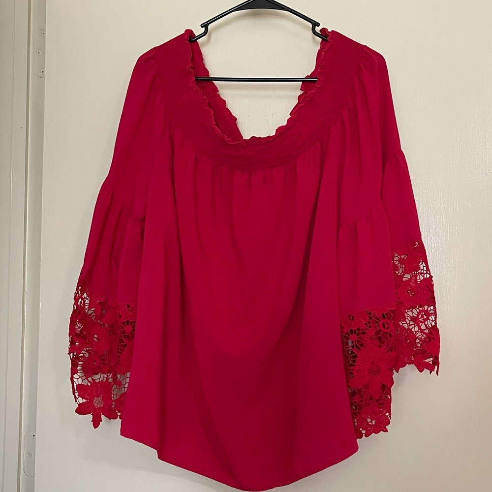 Red lace off the shoulder top lane Bryant